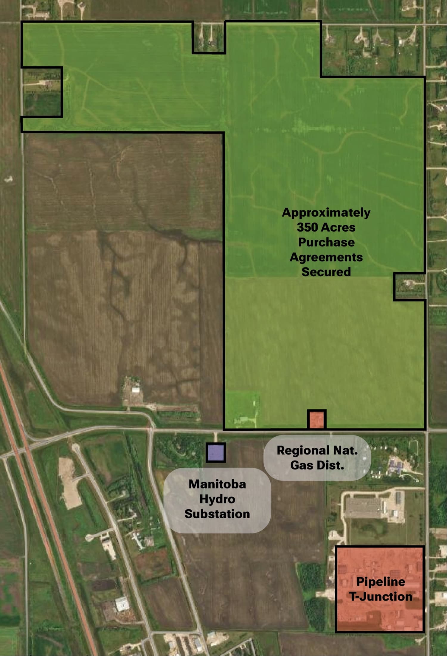 Satellite map with outlined Manitoba parcels beside a hydro substation, gas distribution line, and pipeline junction