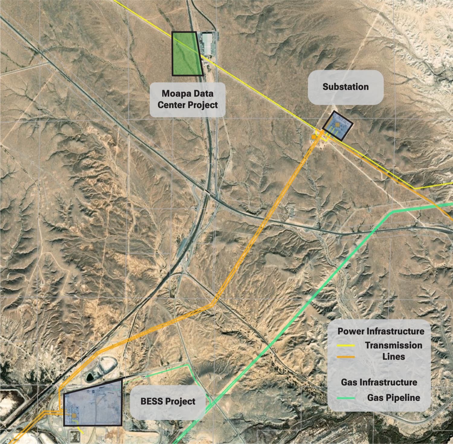 Aerial map with colored routes connecting the Moapa site to electrical, natural gas, and energy storage infrastructure
